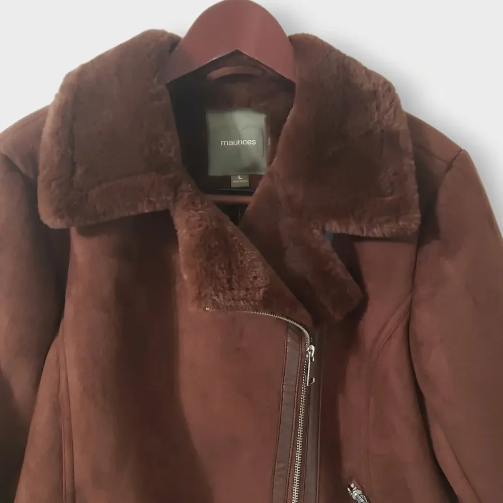 NWT Maurices Faux Suede + Fur Moto Jacket Brown Asymmetrical Zip Sz Lg Bikercore